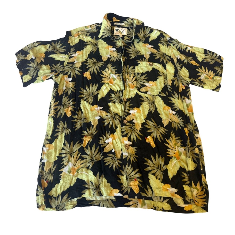 Reyn Spooner Mens Button Up Shirt L Black Tropical Cocktail Hawaiian Boho Cruise